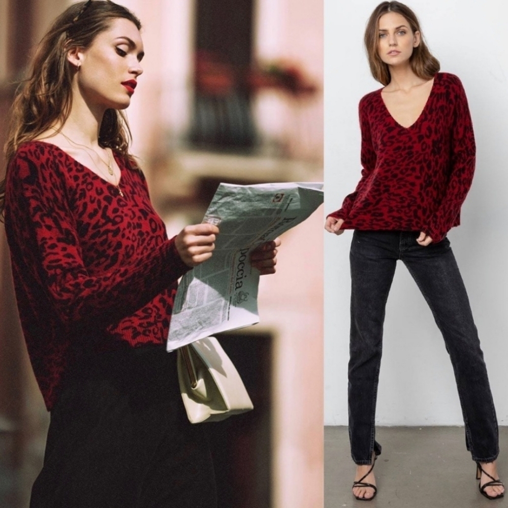Rails Gracie Red Leopard Print Sweater Wool Cashmere